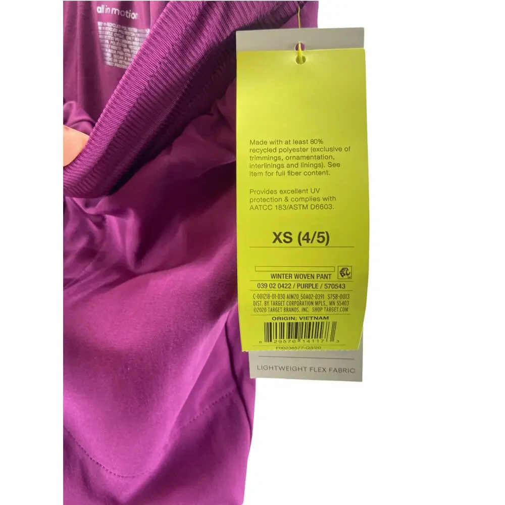 NWT All In Motion Girls' Purple Winter Woven Pants Youth Size XS 4/5